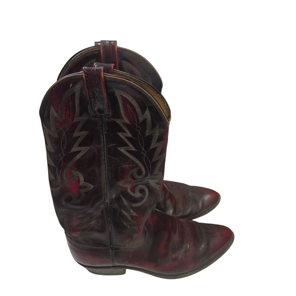 Vintage Dan Post Mens 10 D‎ Burgundy Black Western Cowboy Boots USA Leather